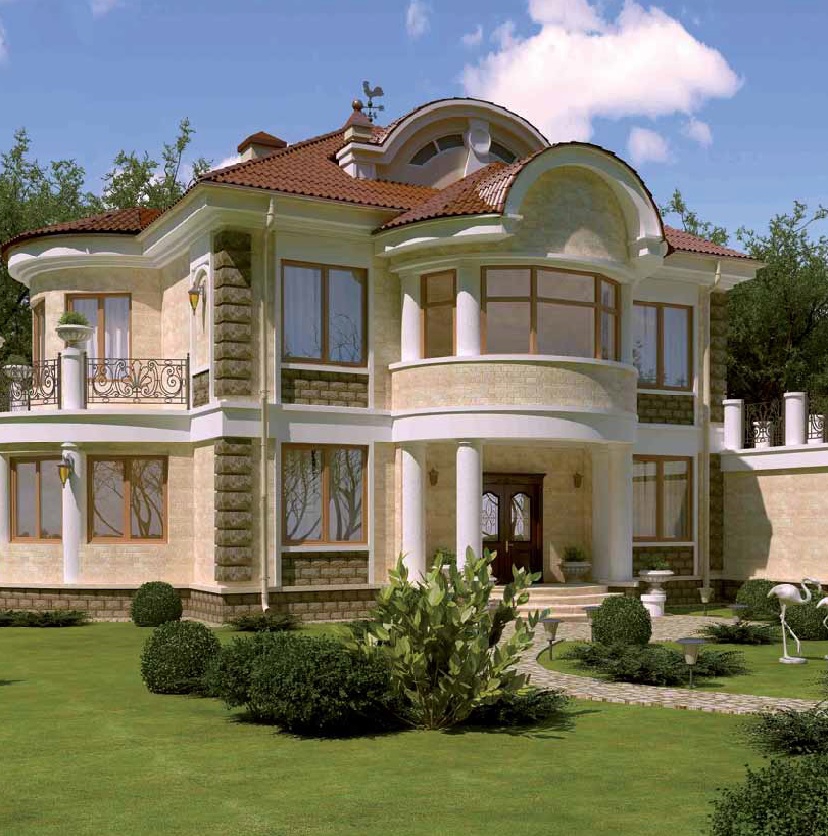 3D-визуализация проекта двухэтажного загородного дома с балконом